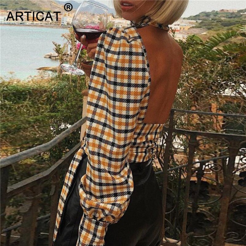 FREE SHIPPING Sexy Backless Plaid Shirts JKP4458