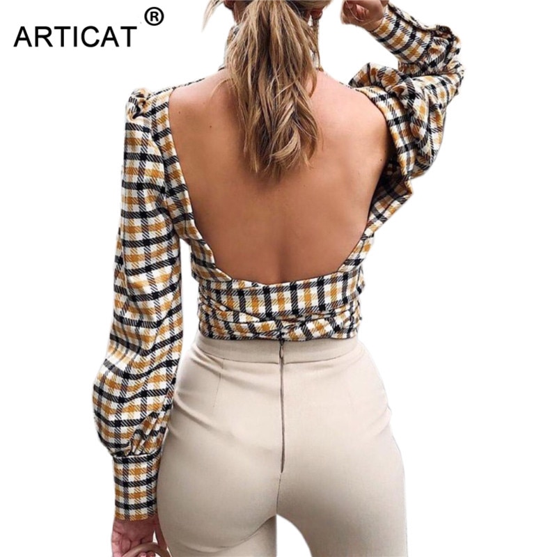 FREE SHIPPING Sexy Backless Plaid Shirts JKP4458