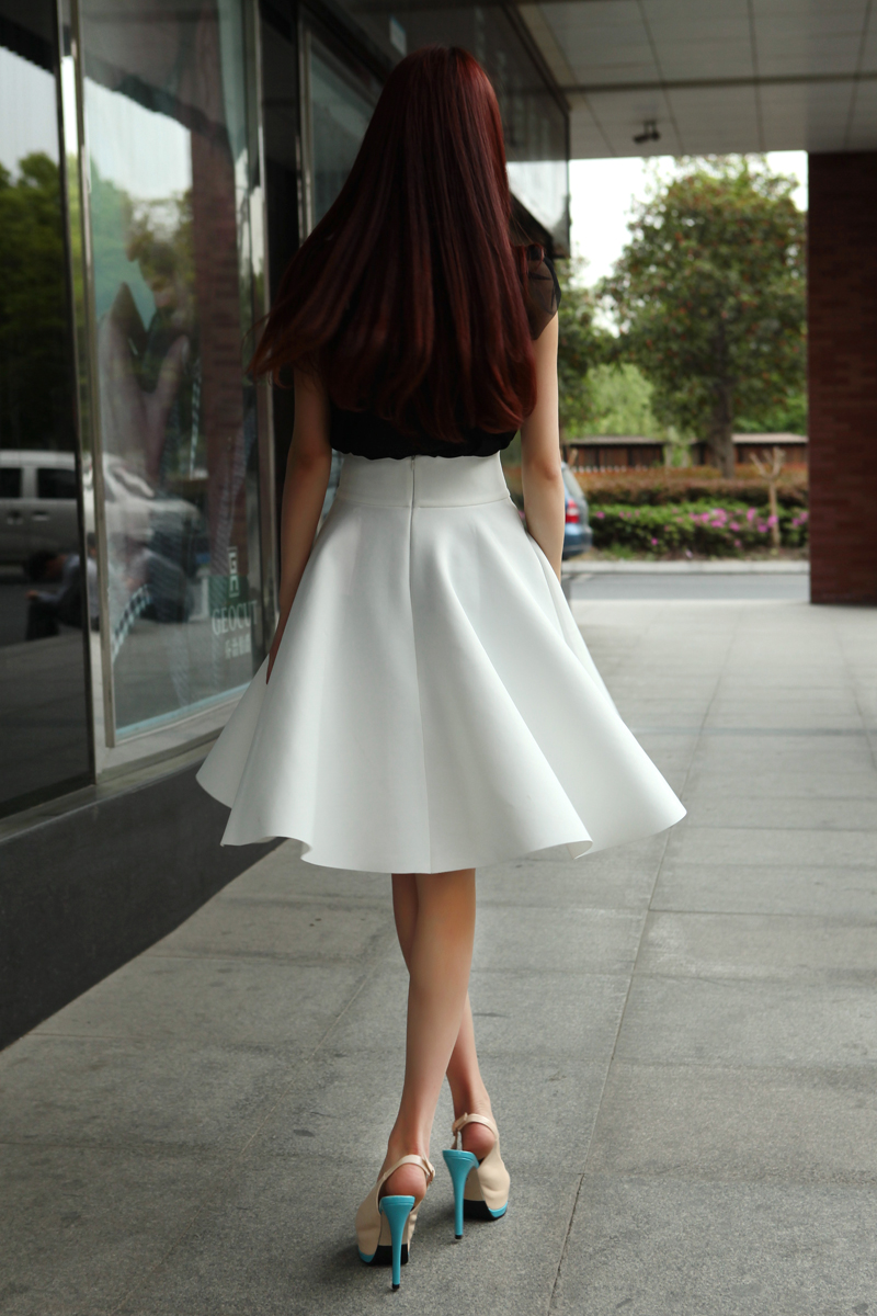 High Waisted Skirts Womens White Knee Length Bottoms Pleated Skirt  JKP009