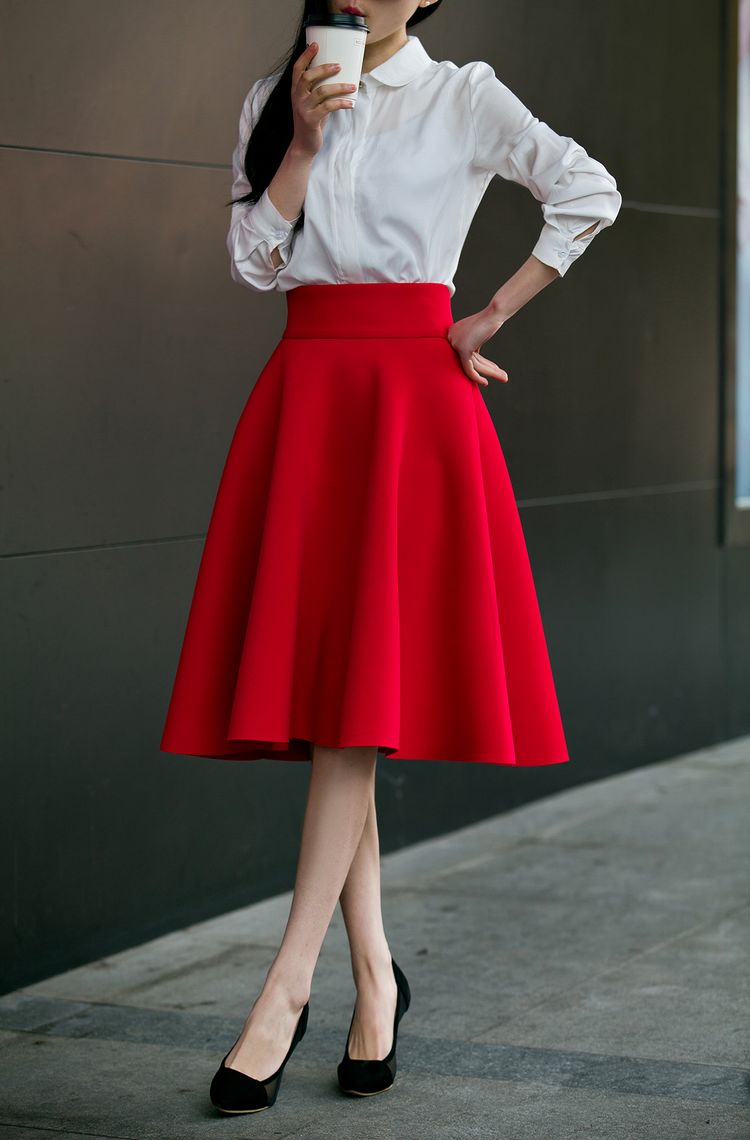 High Waisted Skirts Womens White Knee Length Bottoms Pleated Skirt  JKP009