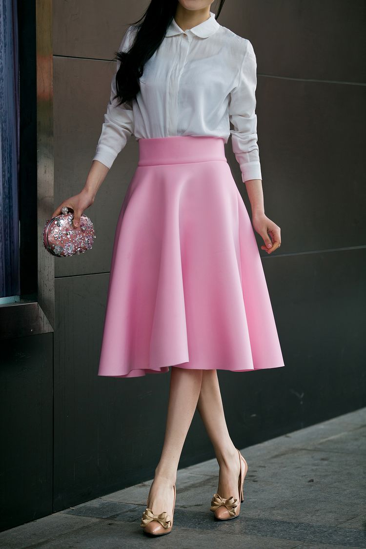High Waisted Skirts Womens White Knee Length Bottoms Pleated Skirt  JKP009