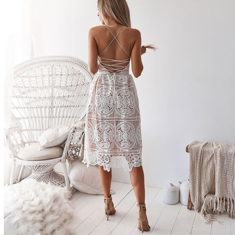 FREE SHIPPING 2019 Midi Lace Dress Halter Bandage