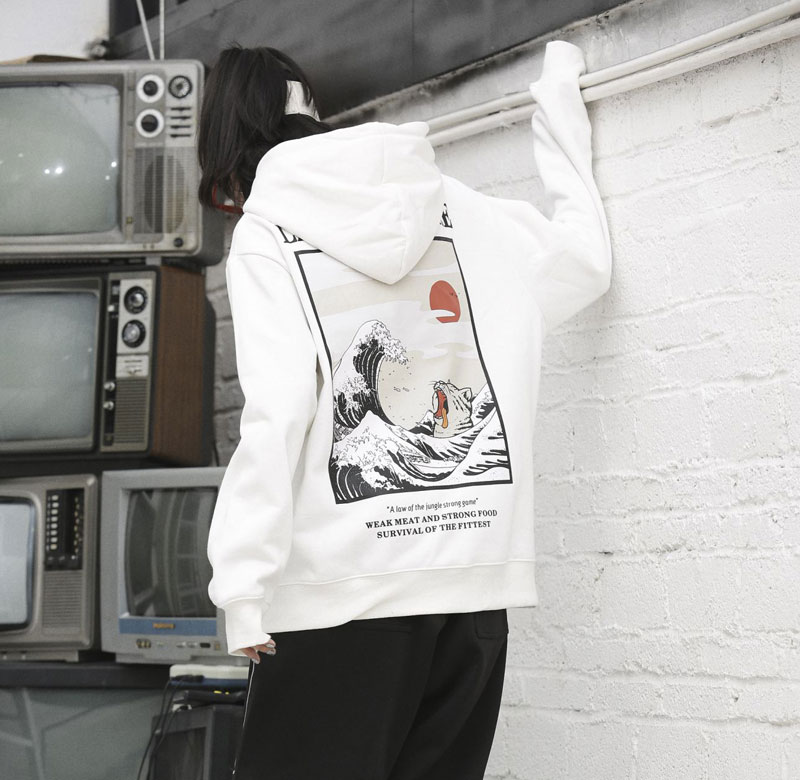 FREE SHIPPING Funny Cat Wave Printed Fleece Hoodies JKP4465