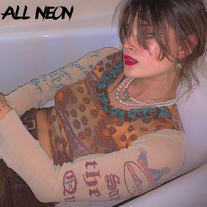 JUKPOP Aesthetics Retro Pattren Mesh T-shirts 90s JKP4470 JUKPOP Aesthetics Retro Pattren Mesh T-shirts 90s JKP4470