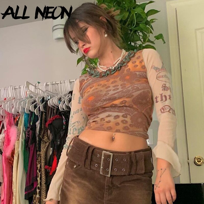 JUKPOP Aesthetics Retro Pattren Mesh T-shirts 90s JKP4470 JUKPOP Aesthetics Retro Pattren Mesh T-shirts 90s JKP4470