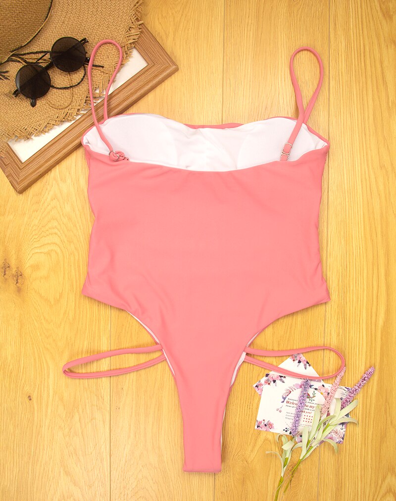 Sexy Thong One Piece Swimsuit 2020 Women Solid Bandage Bathing Suit Swimwear Yellow Pink Black Blue High Waist Cut Out Monokini