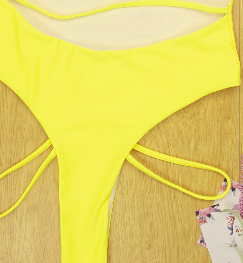 Sexy Thong One Piece Swimsuit 2020 Women Solid Bandage Bathing Suit Swimwear Yellow Pink Black Blue High Waist Cut Out Monokini