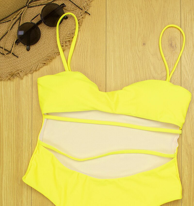 Sexy Thong One Piece Swimsuit 2020 Women Solid Bandage Bathing Suit Swimwear Yellow Pink Black Blue High Waist Cut Out Monokini