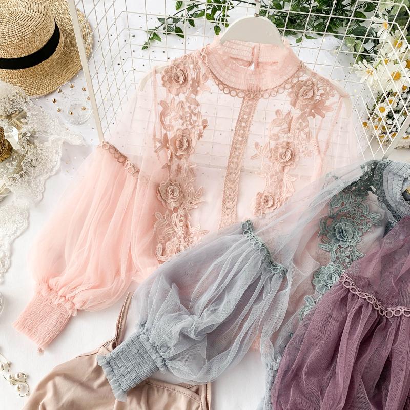Women Spring 3D Floral Sheer Lace Blouse JKP4499