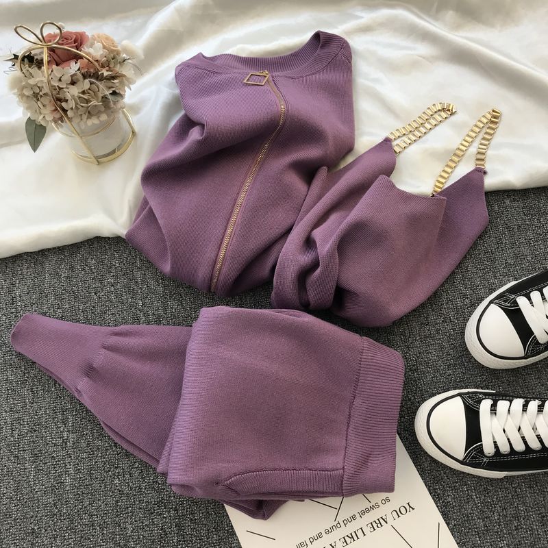 Women Sweaters Cardigans Zipper Knitted Plus Pants Sets JKP4505
