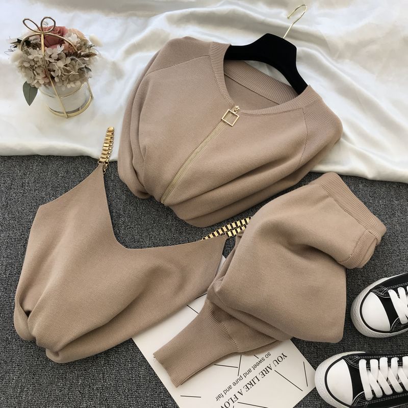 Women Sweaters Cardigans Zipper Knitted Plus Pants Sets JKP4505