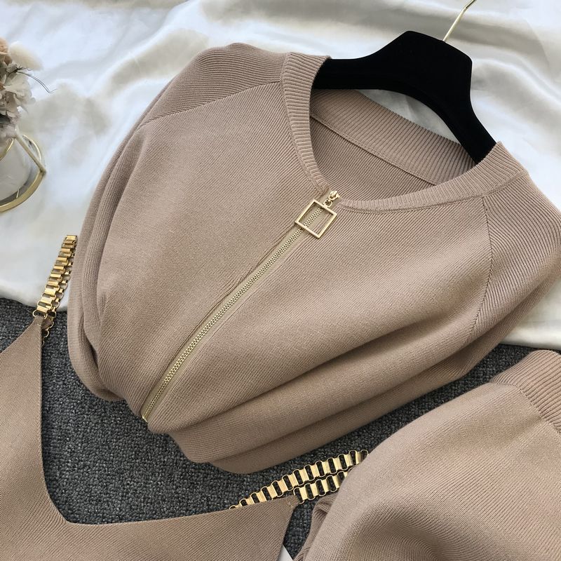 Women Sweaters Cardigans Zipper Knitted Plus Pants Sets JKP4505