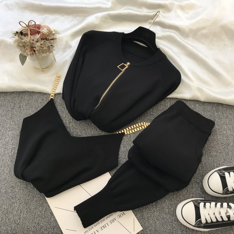 Women Sweaters Cardigans Zipper Knitted Plus Pants Sets JKP4505