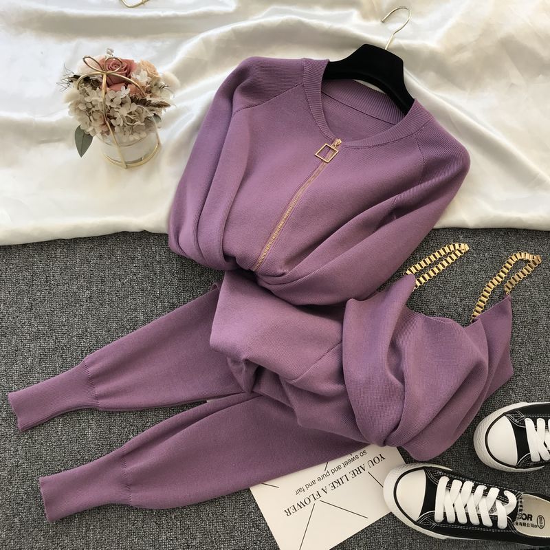 Women Sweaters Cardigans Zipper Knitted Plus Pants Sets JKP4505