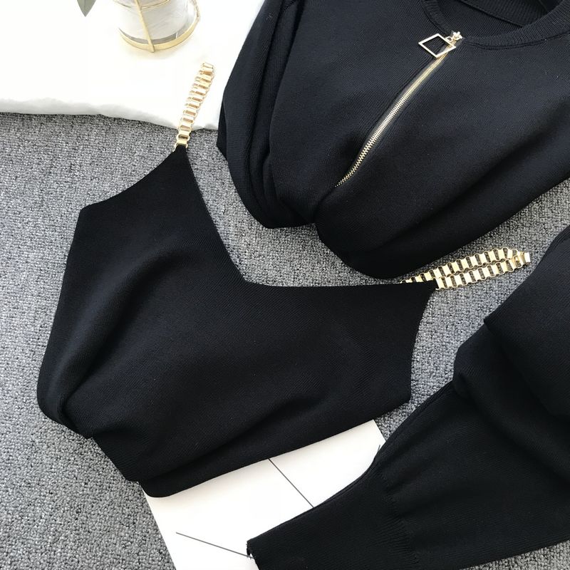 Women Sweaters Cardigans Zipper Knitted Plus Pants Sets JKP4505