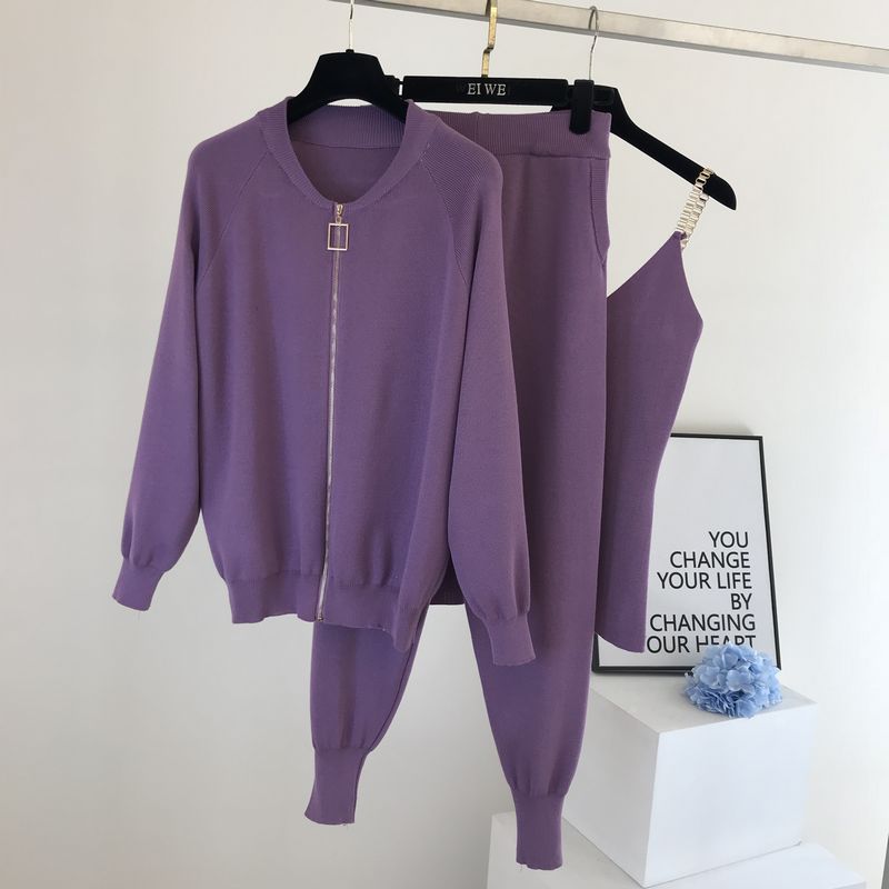 Women Sweaters Cardigans Zipper Knitted Plus Pants Sets JKP4505