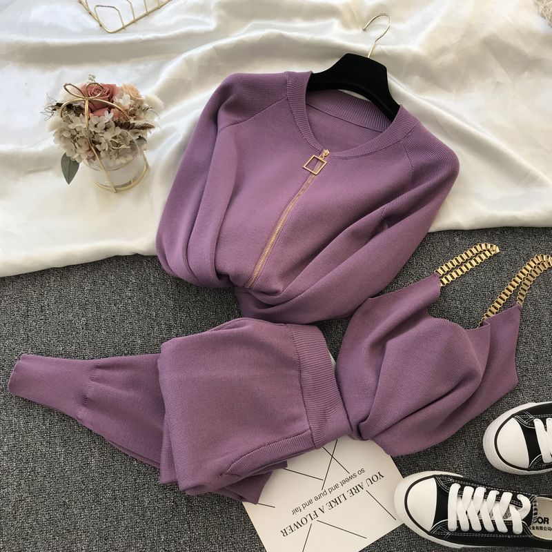 Women Sweaters Cardigans Zipper Knitted Plus Pants Sets JKP4505
