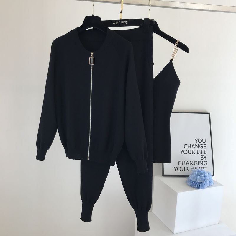 Women Sweaters Cardigans Zipper Knitted Plus Pants Sets JKP4505