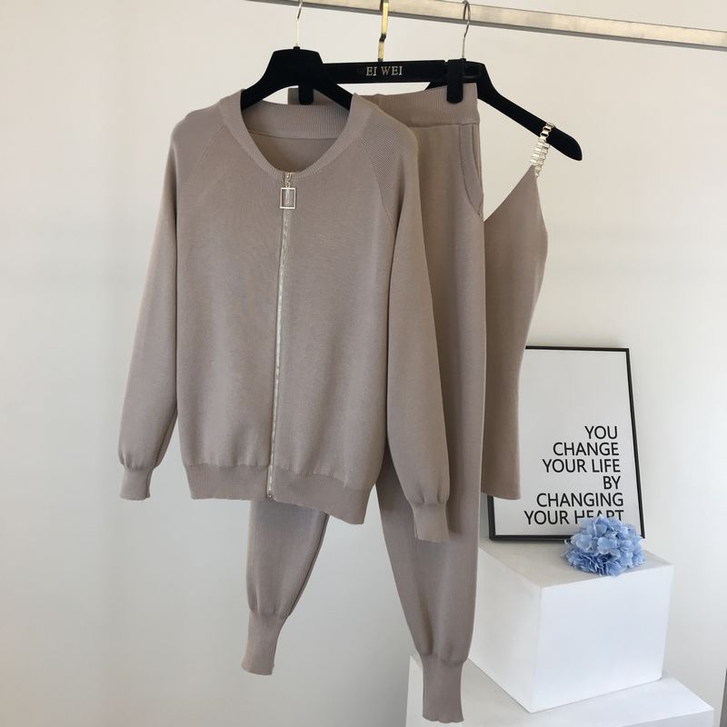 Women Sweaters Cardigans Zipper Knitted Plus Pants Sets JKP4505