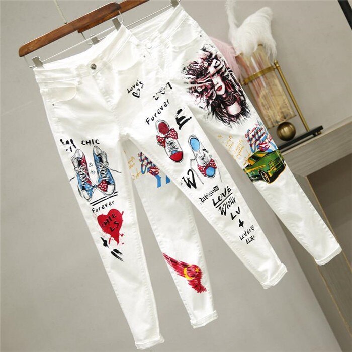 White Skinny Jeans Cartoon Graffiti Print JKP4521