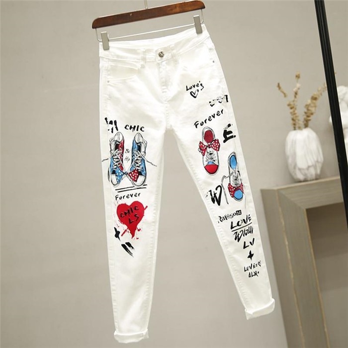 White Skinny Jeans Cartoon Graffiti Print JKP4521