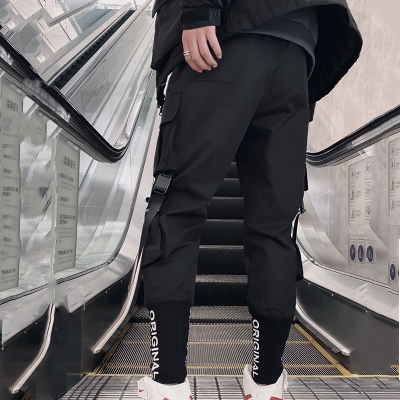 2020 Joggers Cargo Pants for Men Casual Hip Hop Hit Color Pocket Male Trousers Sweatpants Streetwear Ribbons Techwear Pants