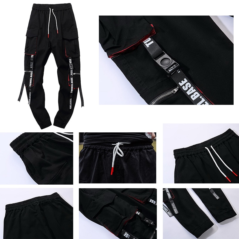 2020 Joggers Cargo Pants for Men Casual Hip Hop Hit Color Pocket Male Trousers Sweatpants Streetwear Ribbons Techwear Pants