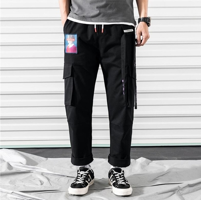 2020 Joggers Cargo Pants for Men Casual Hip Hop Hit Color Pocket Male Trousers Sweatpants Streetwear Ribbons Techwear Pants
