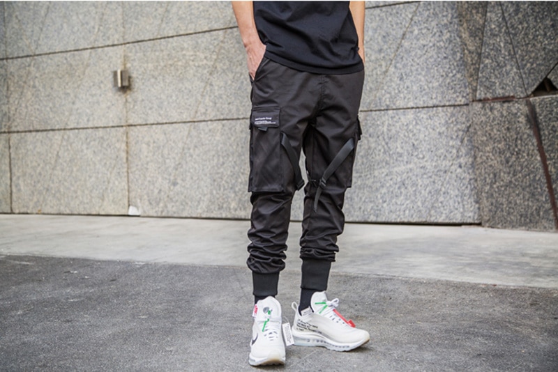 2020 Joggers Cargo Pants for Men Casual Hip Hop Hit Color Pocket Male Trousers Sweatpants Streetwear Ribbons Techwear Pants