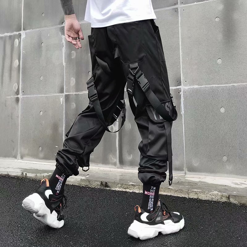 2020 Joggers Cargo Pants for Men Casual Hip Hop Hit Color Pocket Male Trousers Sweatpants Streetwear Ribbons Techwear Pants