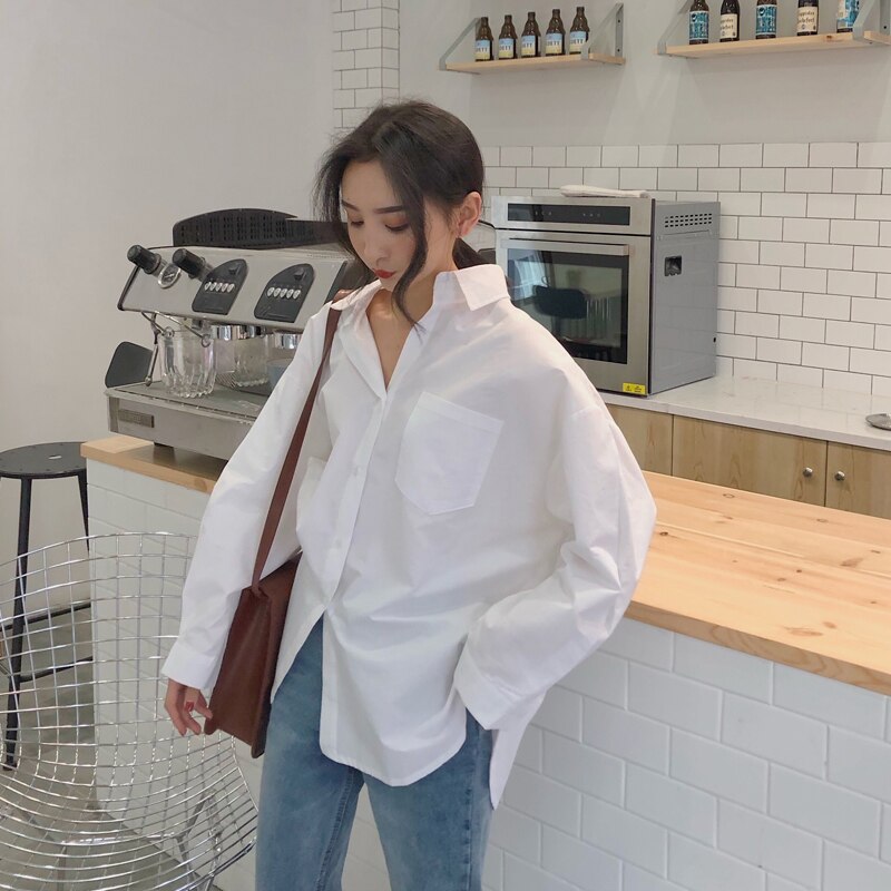 Beiyingni 2020 Spring Autumn Women Shirts White Plain Loose Oversized Blouses Female Tops Loose BF Korean Style Blusas Pockets