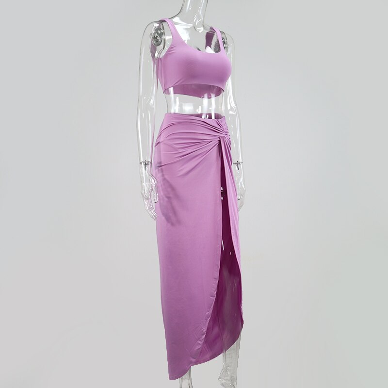  Crop Top Twist Side Split Long Skirts Party Outfit Set JKP453