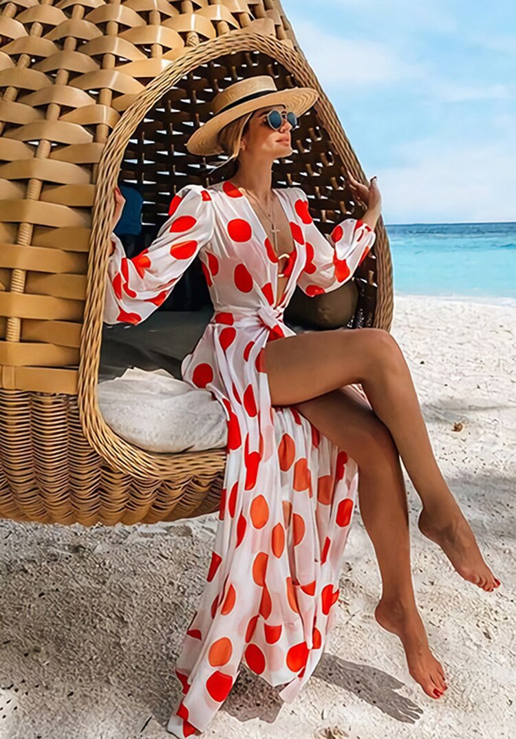 Beach Dress 2021 Bikini Cover Up Print Bathing Suit Women Kimono Plus Size Tunic Sexy Long Sleeve Swimwear Cover-Ups
