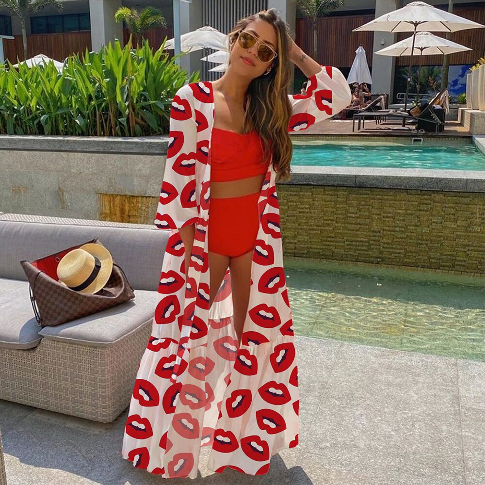Beach Dress 2021 Bikini Cover Up Print Bathing Suit Women Kimono Plus Size Tunic Sexy Long Sleeve Swimwear Cover-Ups