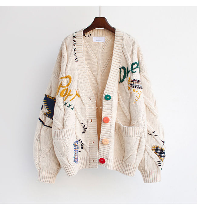 2020 Autumn Winter Women Cardigan Warm Knitted Sweater Jacket Pocket Embroidery Fashion Knit Cardigans Coat Lady Loose Sweaters