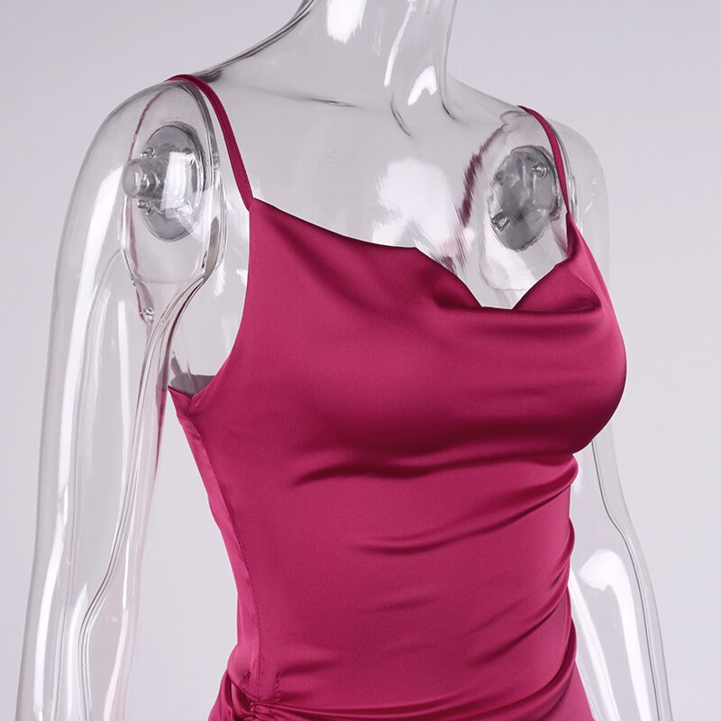 NewAsia Ruched Satin Summer Dress Drawstring Spaghetti Straps Cowl Neck Backless Long Dresses for Women Party Sexy Vestidos 2020