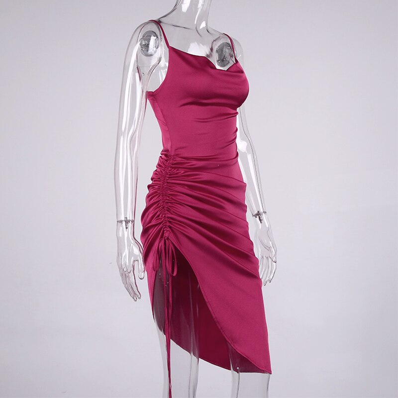 NewAsia Ruched Satin Summer Dress Drawstring Spaghetti Straps Cowl Neck Backless Long Dresses for Women Party Sexy Vestidos 2020