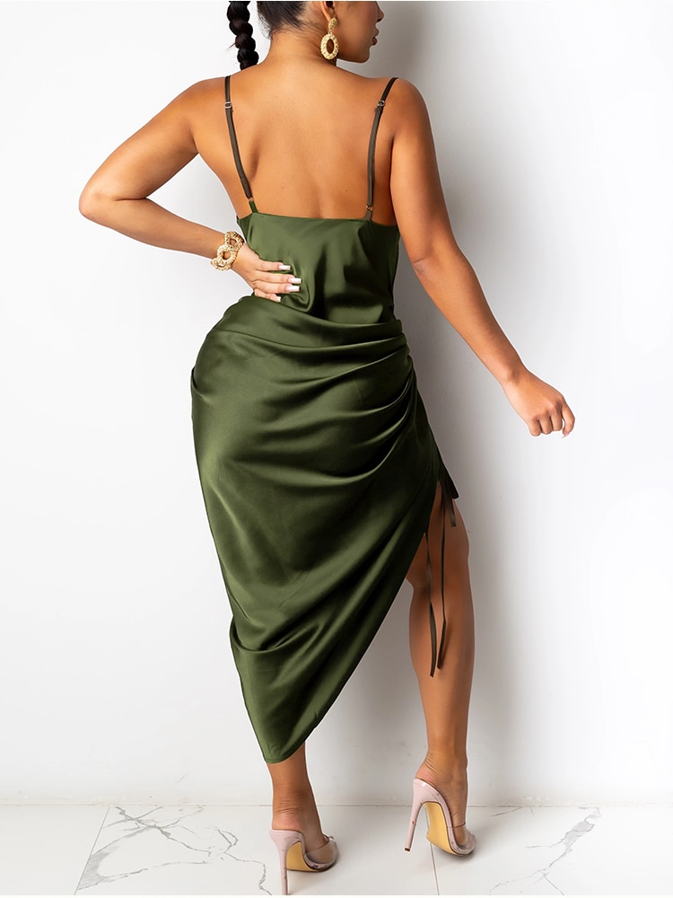 NewAsia Ruched Satin Summer Dress Drawstring Spaghetti Straps Cowl Neck Backless Long Dresses for Women Party Sexy Vestidos 2020