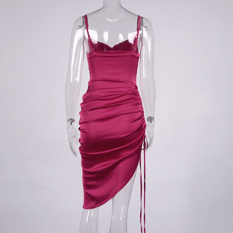 NewAsia Ruched Satin Summer Dress Drawstring Spaghetti Straps Cowl Neck Backless Long Dresses for Women Party Sexy Vestidos 2020