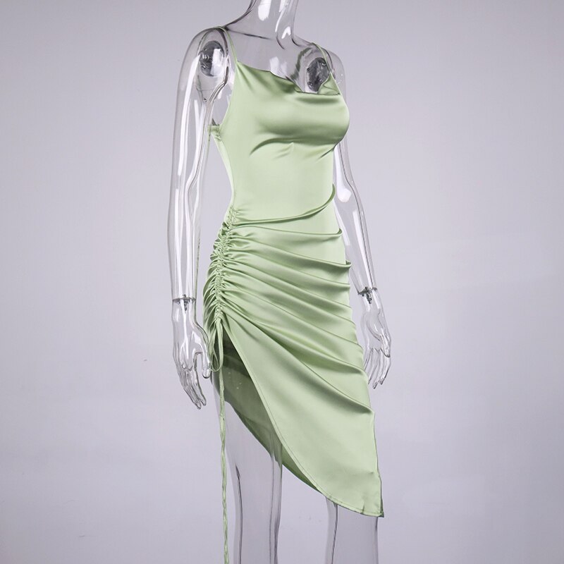 NewAsia Ruched Satin Summer Dress Drawstring Spaghetti Straps Cowl Neck Backless Long Dresses for Women Party Sexy Vestidos 2020