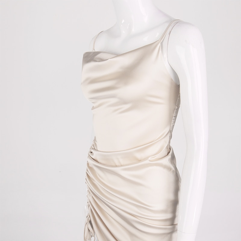 NewAsia Ruched Satin Summer Dress Drawstring Spaghetti Straps Cowl Neck Backless Long Dresses for Women Party Sexy Vestidos 2020
