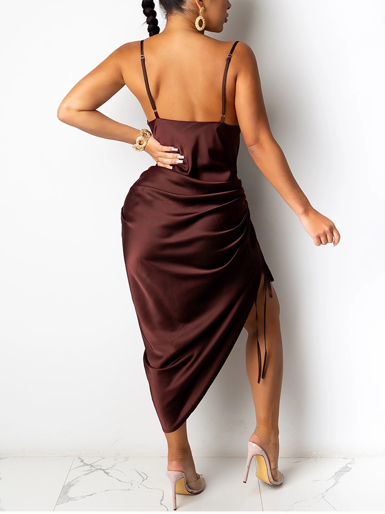 NewAsia Ruched Satin Summer Dress Drawstring Spaghetti Straps Cowl Neck Backless Long Dresses for Women Party Sexy Vestidos 2020
