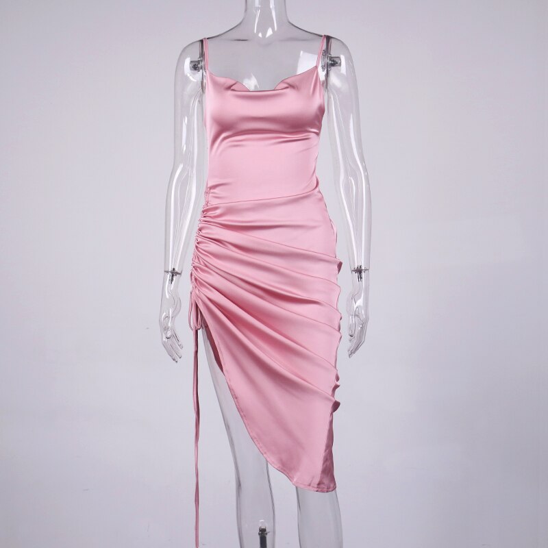 NewAsia Ruched Satin Summer Dress Drawstring Spaghetti Straps Cowl Neck Backless Long Dresses for Women Party Sexy Vestidos 2020