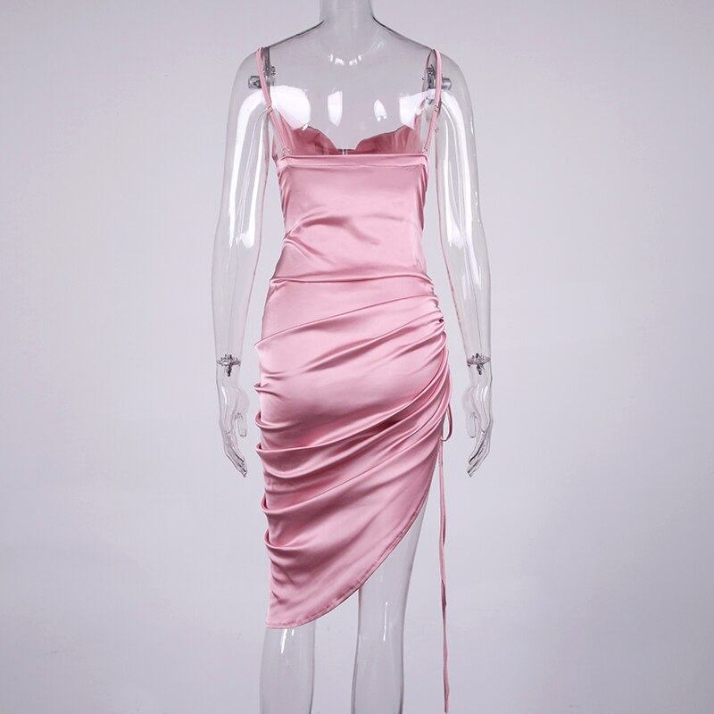 NewAsia Ruched Satin Summer Dress Drawstring Spaghetti Straps Cowl Neck Backless Long Dresses for Women Party Sexy Vestidos 2020