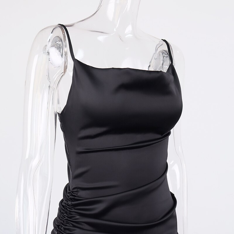 NewAsia Ruched Satin Summer Dress Drawstring Spaghetti Straps Cowl Neck Backless Long Dresses for Women Party Sexy Vestidos 2020