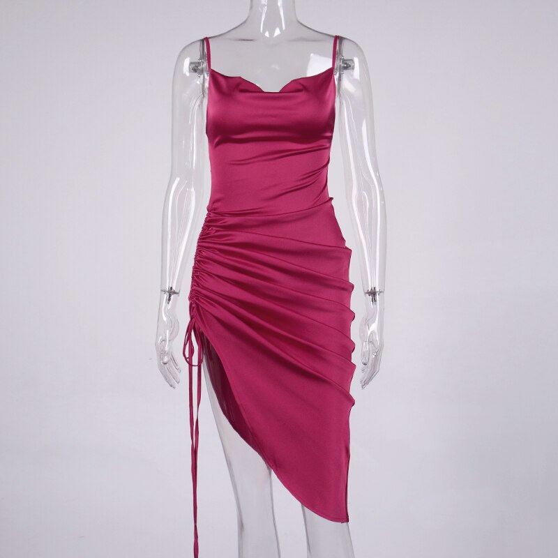 NewAsia Ruched Satin Summer Dress Drawstring Spaghetti Straps Cowl Neck Backless Long Dresses for Women Party Sexy Vestidos 2020