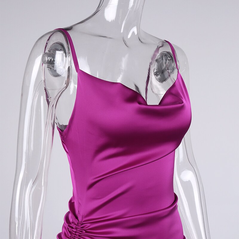 NewAsia Ruched Satin Summer Dress Drawstring Spaghetti Straps Cowl Neck Backless Long Dresses for Women Party Sexy Vestidos 2020