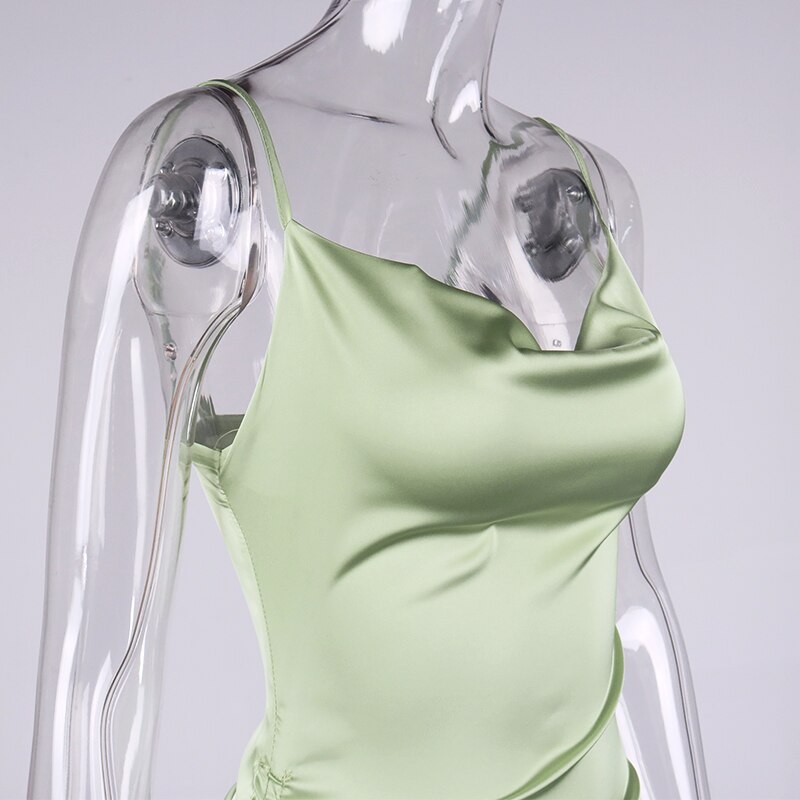 NewAsia Ruched Satin Summer Dress Drawstring Spaghetti Straps Cowl Neck Backless Long Dresses for Women Party Sexy Vestidos 2020