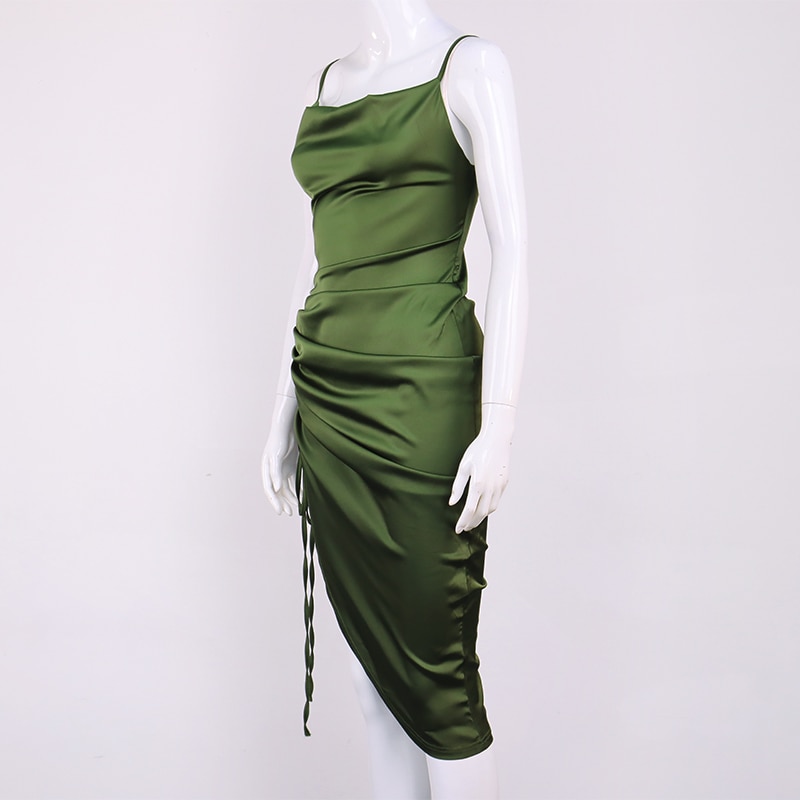 NewAsia Ruched Satin Summer Dress Drawstring Spaghetti Straps Cowl Neck Backless Long Dresses for Women Party Sexy Vestidos 2020