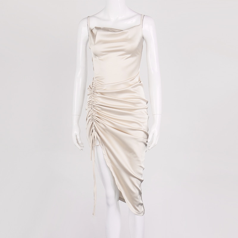 NewAsia Ruched Satin Summer Dress Drawstring Spaghetti Straps Cowl Neck Backless Long Dresses for Women Party Sexy Vestidos 2020
